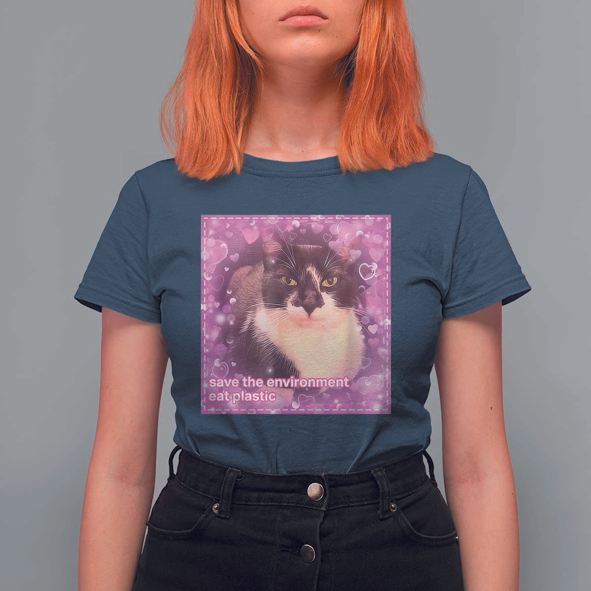 Funny Save The Environment Eat Plastic T Shirt For Women Cat Meme