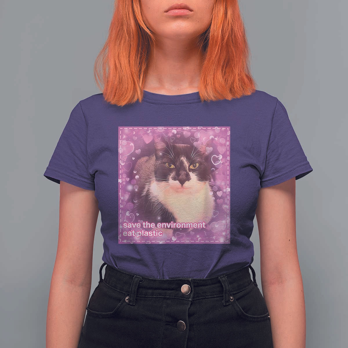 Funny Save The Environment Eat Plastic T Shirt For Women Cat Meme