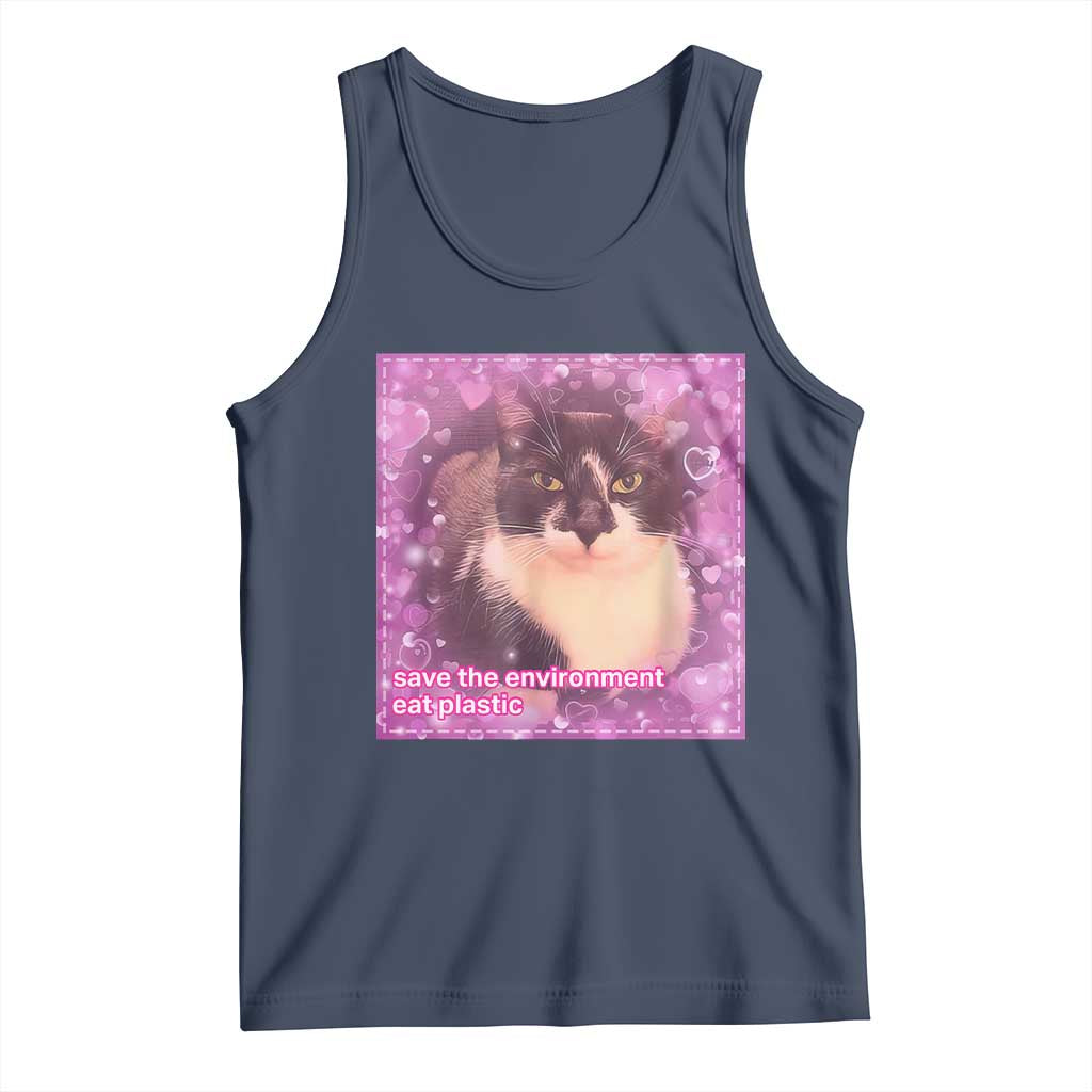 Funny Save The Environment Eat Plastic Tank Top Cat Meme
