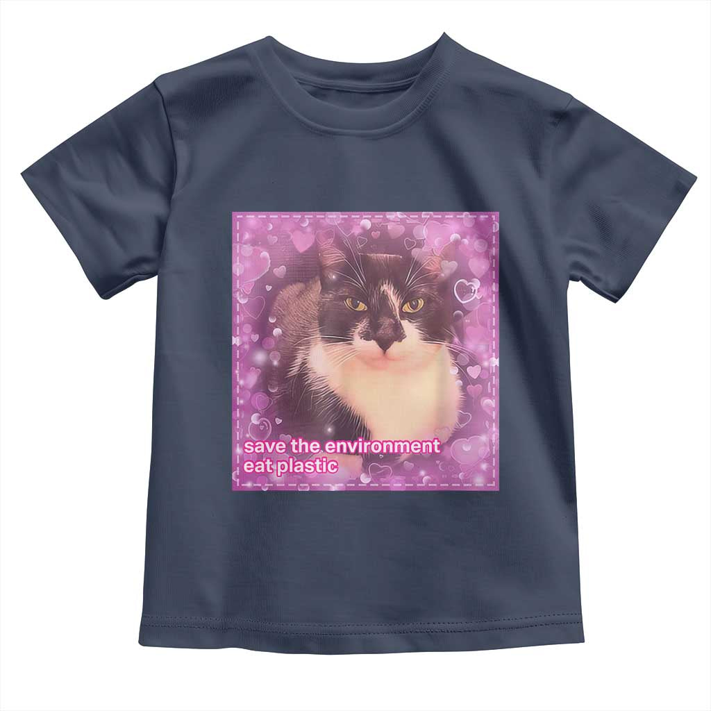 Funny Save The Environment Eat Plastic Toddler T Shirt Cat Meme