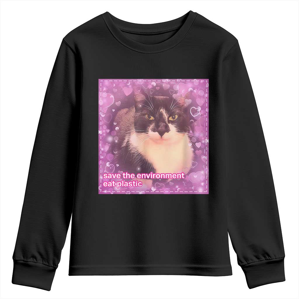 Funny Save The Environment Eat Plastic Youth Sweatshirt Cat Meme