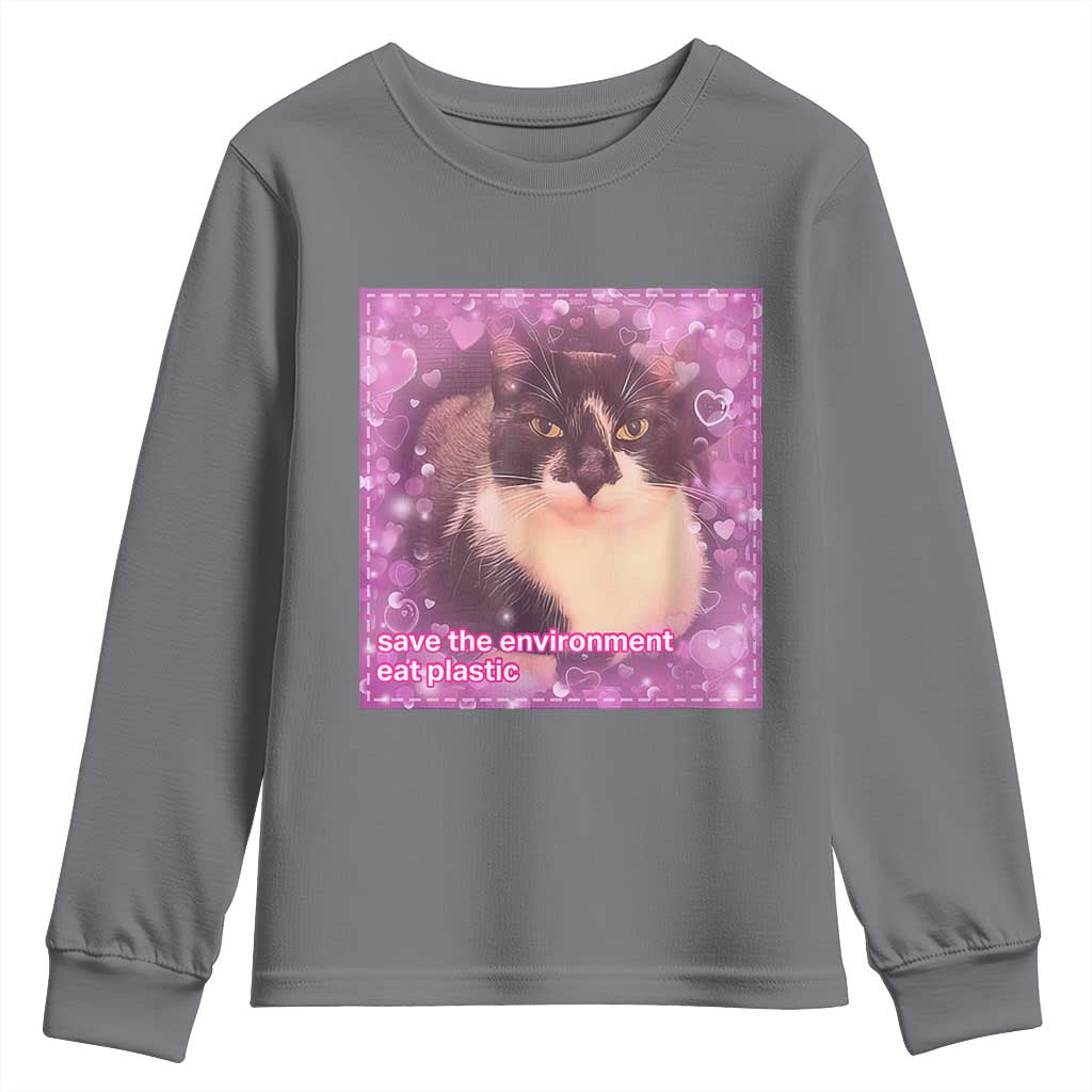 Funny Save The Environment Eat Plastic Youth Sweatshirt Cat Meme