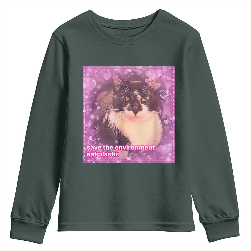 Funny Save The Environment Eat Plastic Youth Sweatshirt Cat Meme