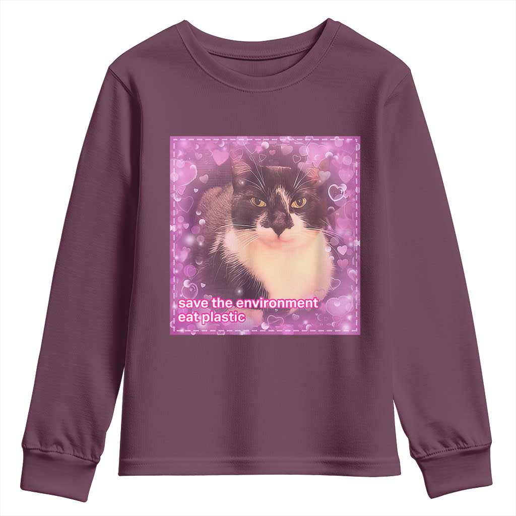 Funny Save The Environment Eat Plastic Youth Sweatshirt Cat Meme
