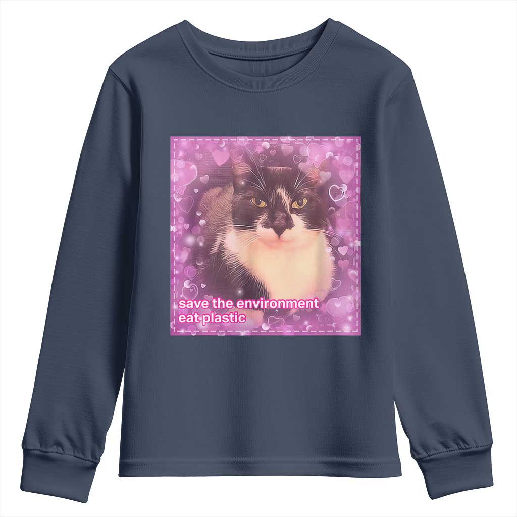 Funny Save The Environment Eat Plastic Youth Sweatshirt Cat Meme
