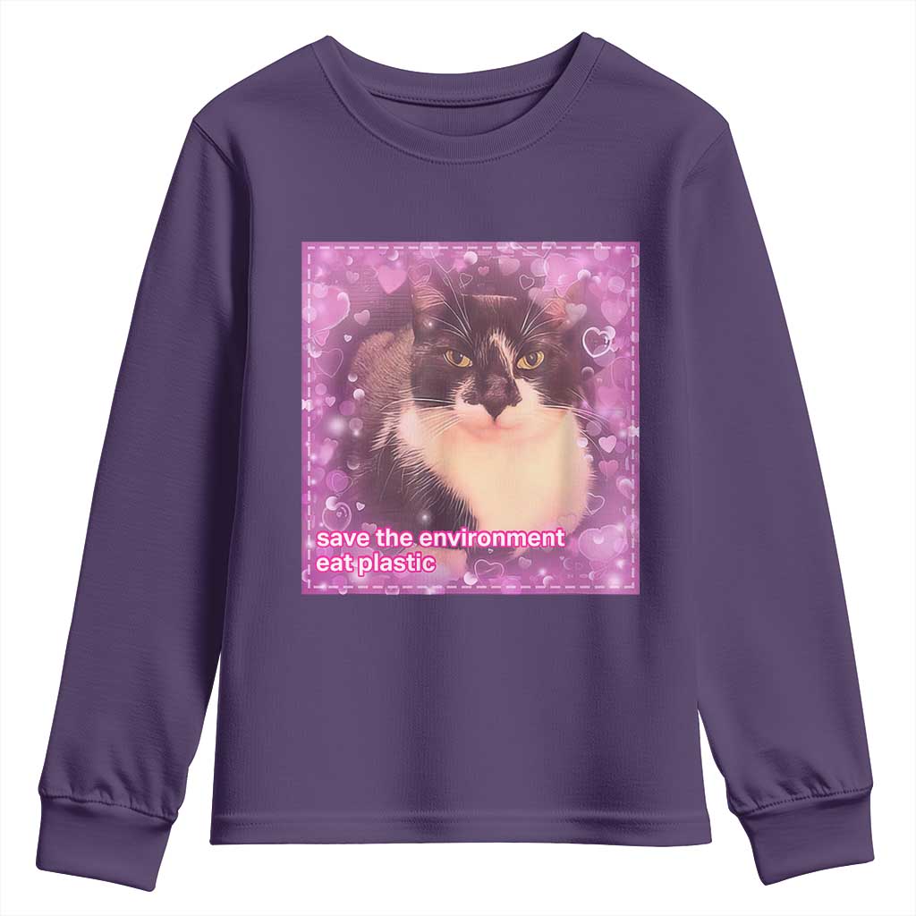 Funny Save The Environment Eat Plastic Youth Sweatshirt Cat Meme
