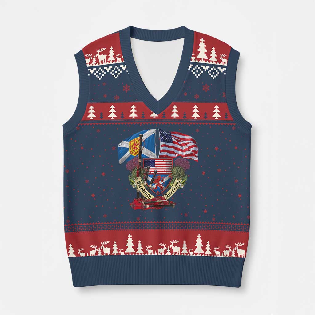 Scottish American Heritage Month V-Neck Knit Sweater Vest Bagpipe Vintage Scottish American Flag Thistle - Wonder Print Shop