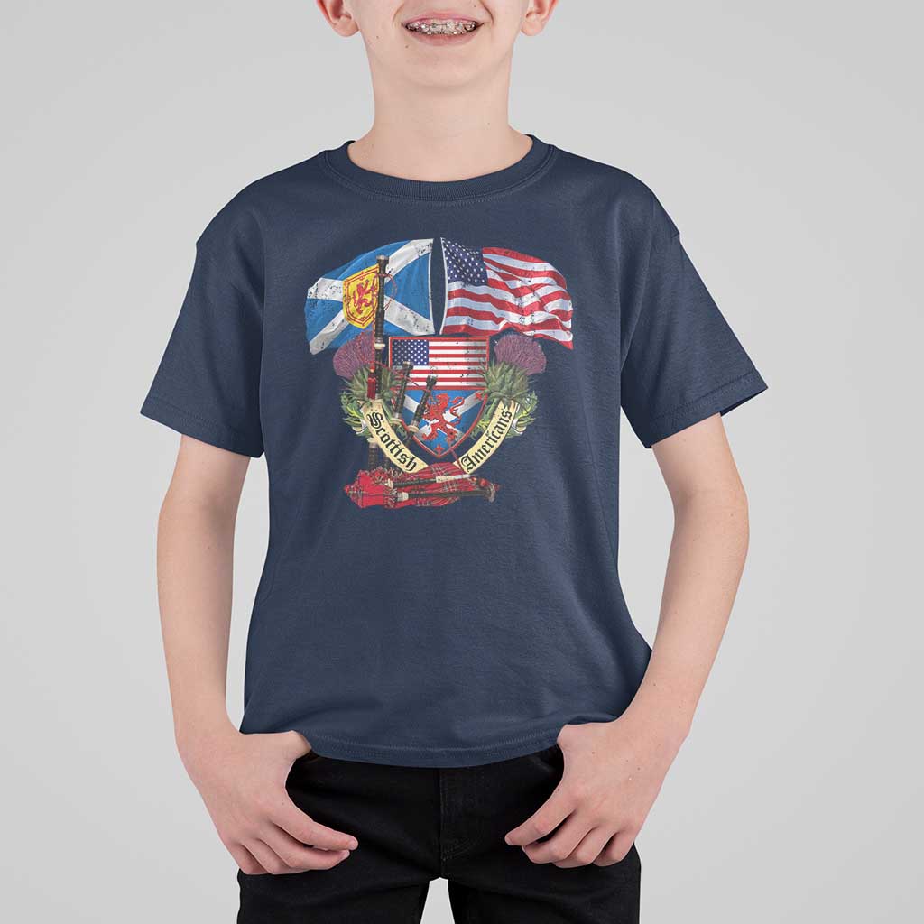 Scottish American Heritage Month T Shirt For Kid Bagpipe Vintage Scottish American Flag Thistle