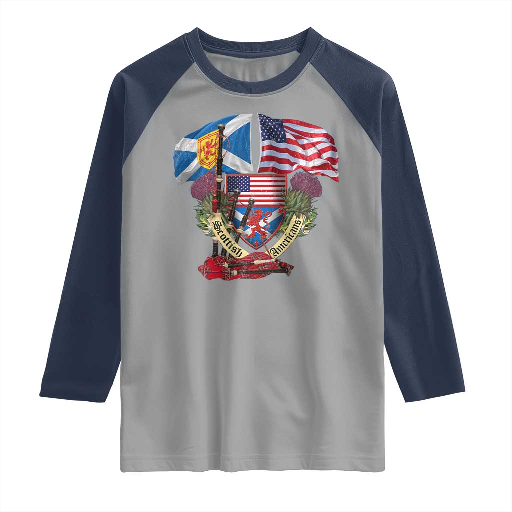 Scottish American Heritage Month Raglan Shirt Bagpipe Vintage Scottish American Flag Thistle