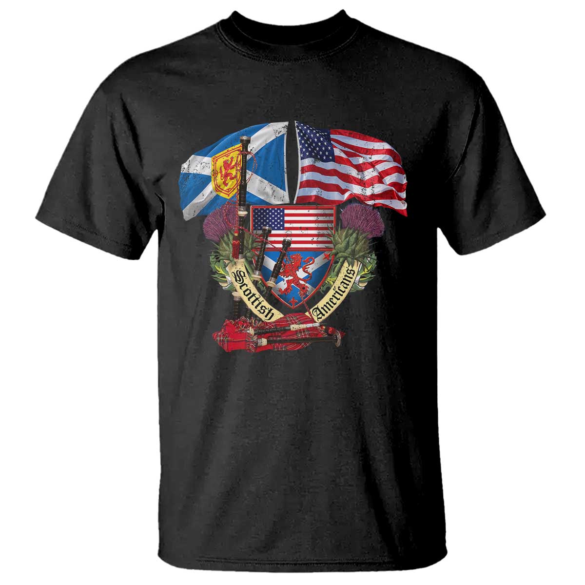 Scottish American Heritage Month T Shirt Bagpipe Vintage Scottish American Flag Thistle