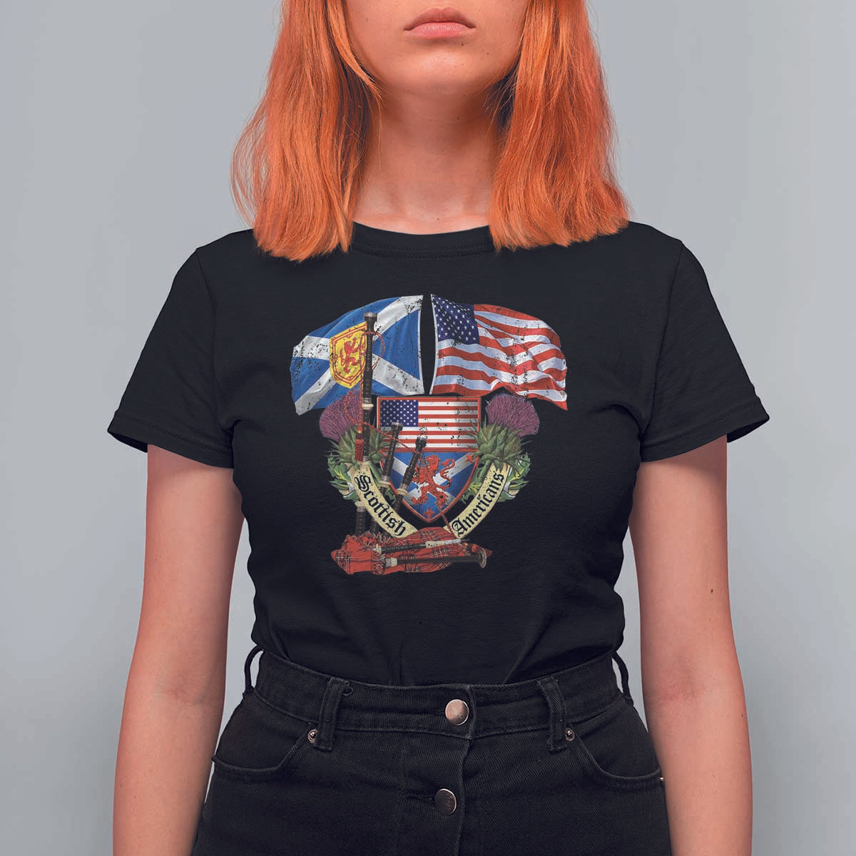 Scottish American Heritage Month T Shirt For Women Bagpipe Vintage Scottish American Flag Thistle