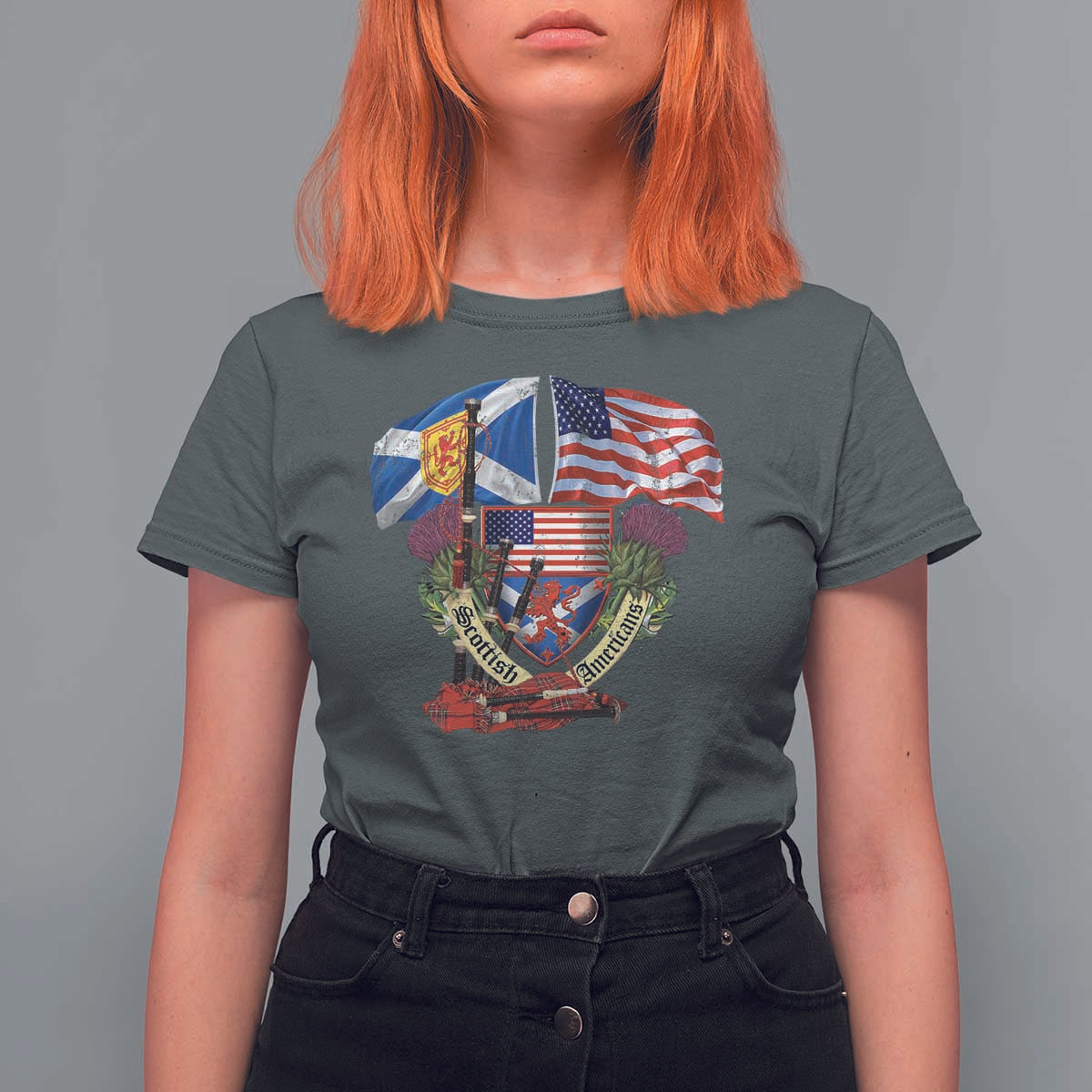 Scottish American Heritage Month T Shirt For Women Bagpipe Vintage Scottish American Flag Thistle