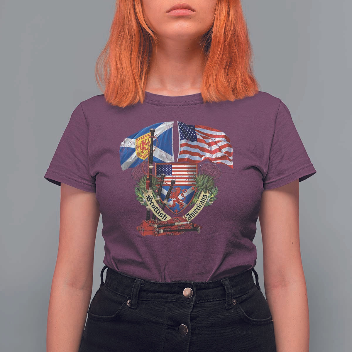 Scottish American Heritage Month T Shirt For Women Bagpipe Vintage Scottish American Flag Thistle