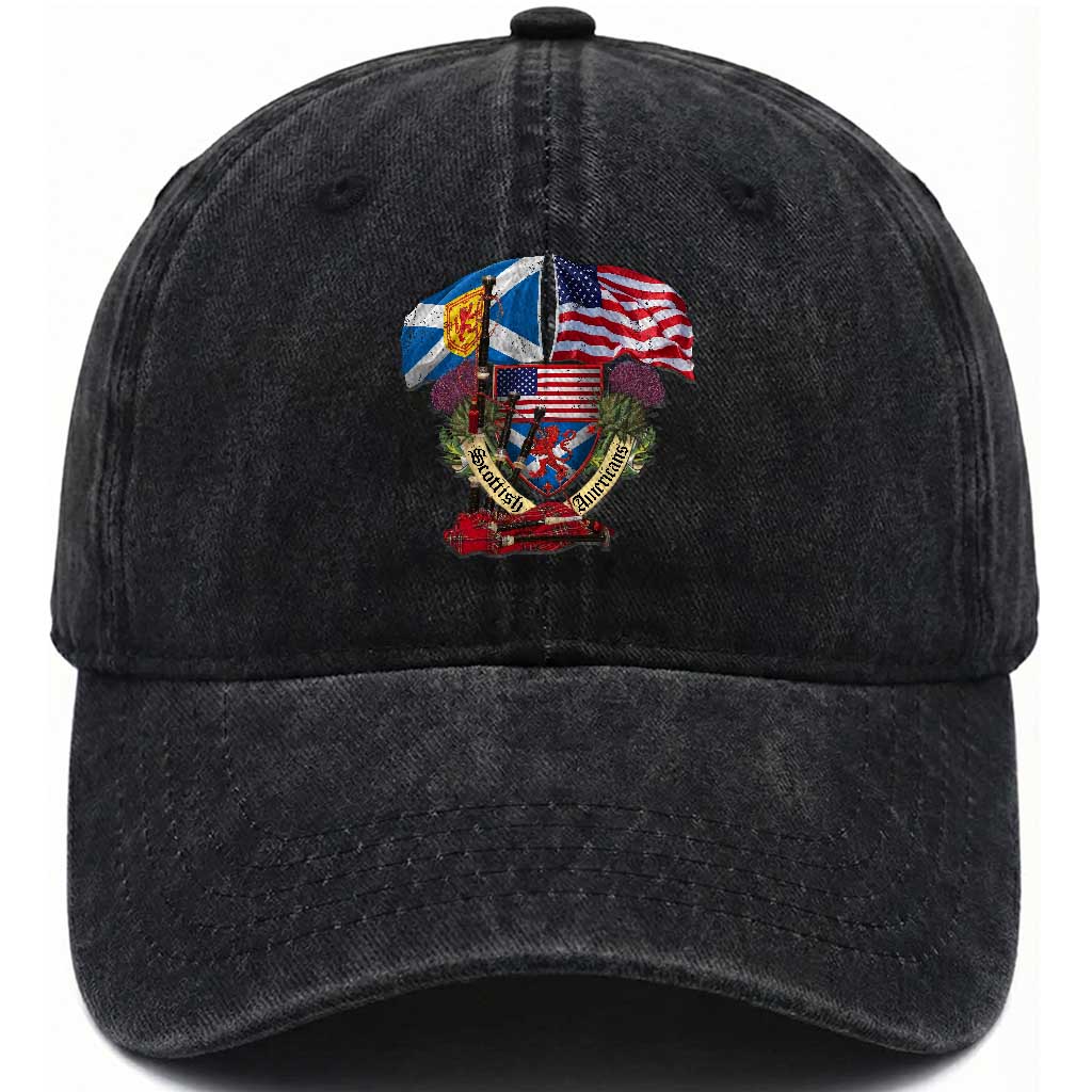 Scottish American Heritage Month Washed Cotton Baseball Cap Bagpipe Vintage Scottish American Flag Thistle