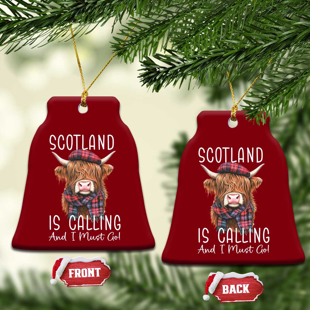 Funny Scotland Is Calling And I Must Go Ceramic Ornament Highland Cow - Wonder Print Shop