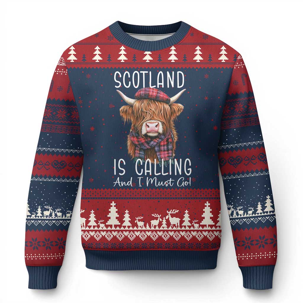 Funny Scotland Is Calling And I Must Go Ugly Christmas Sweater Highland Cow - Wonder Print Shop