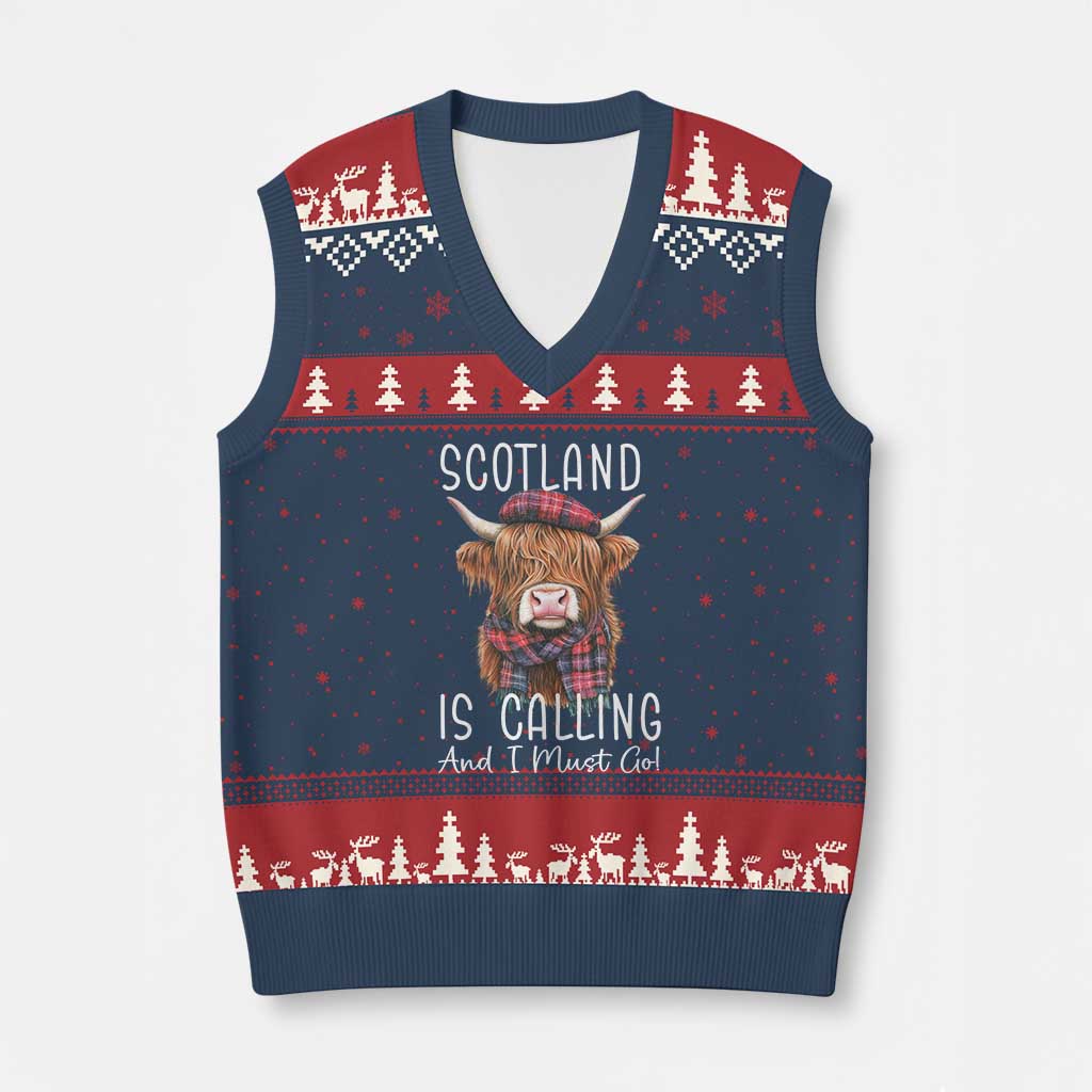 Funny Scotland Is Calling And I Must Go V-Neck Knit Sweater Vest Highland Cow - Wonder Print Shop