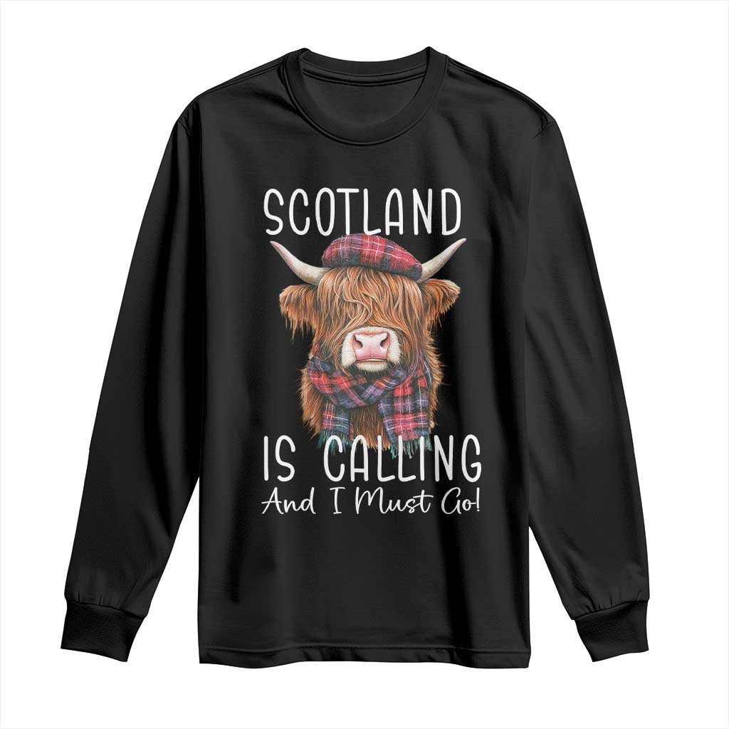 Funny Scotland Is Calling And I Must Go Long Sleeve Shirt Highland Cow