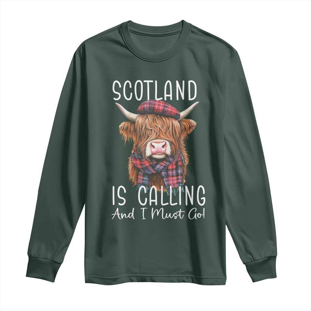Funny Scotland Is Calling And I Must Go Long Sleeve Shirt Highland Cow