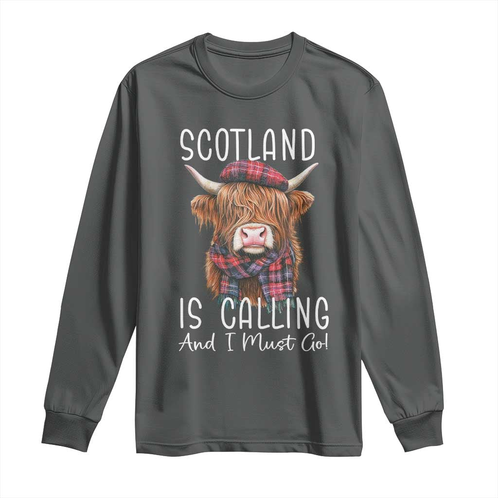 Funny Scotland Is Calling And I Must Go Long Sleeve Shirt Highland Cow