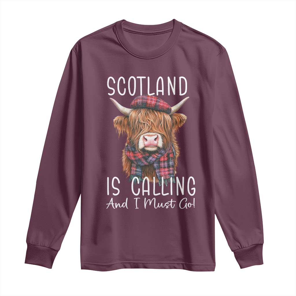Funny Scotland Is Calling And I Must Go Long Sleeve Shirt Highland Cow