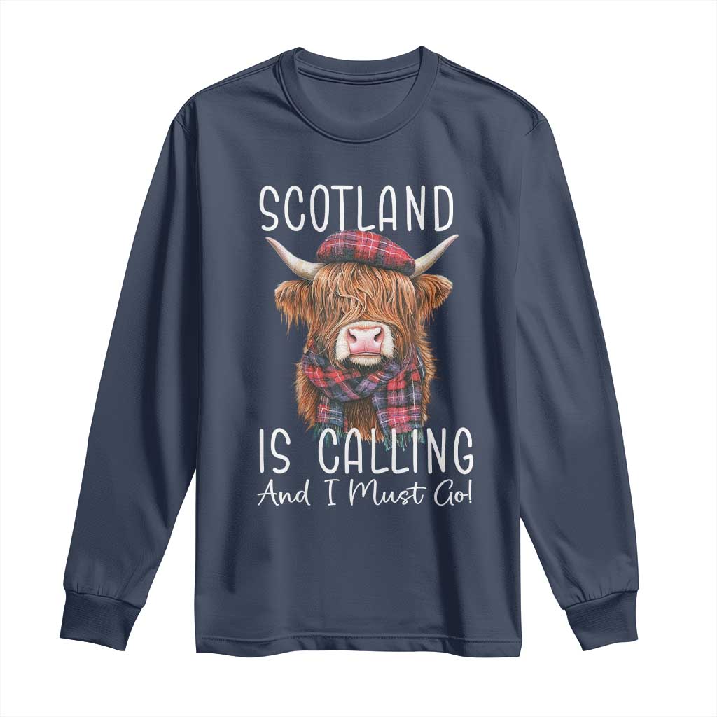Funny Scotland Is Calling And I Must Go Long Sleeve Shirt Highland Cow