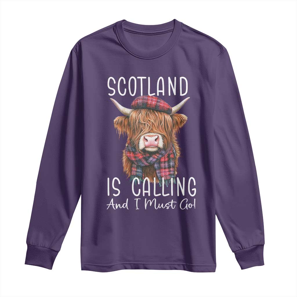 Funny Scotland Is Calling And I Must Go Long Sleeve Shirt Highland Cow