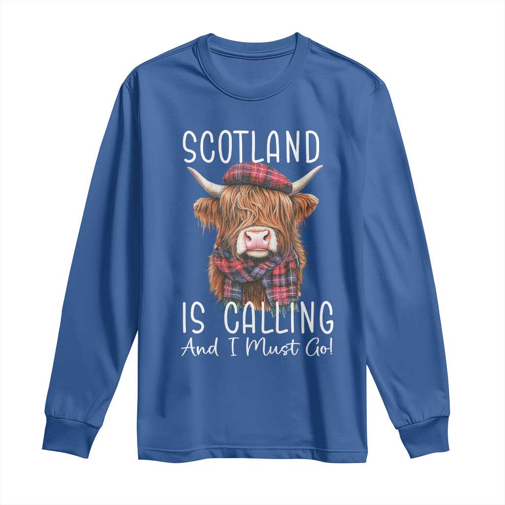 Funny Scotland Is Calling And I Must Go Long Sleeve Shirt Highland Cow