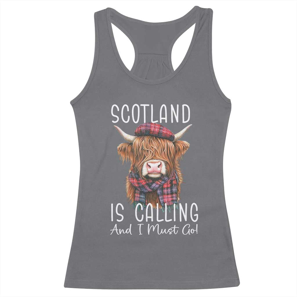 Funny Scotland Is Calling And I Must Go Racerback Tank Top Highland Cow