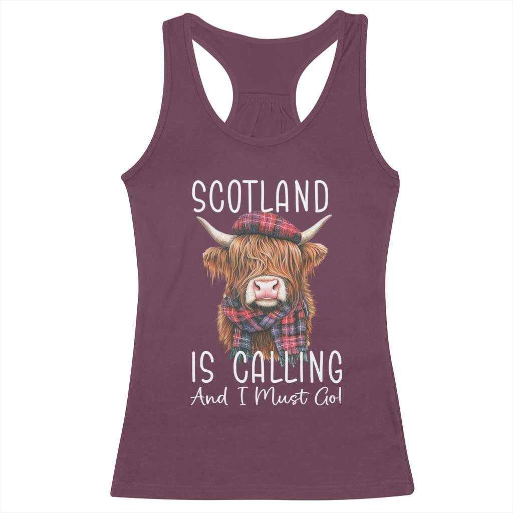 Funny Scotland Is Calling And I Must Go Racerback Tank Top Highland Cow