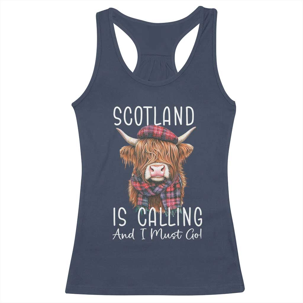 Funny Scotland Is Calling And I Must Go Racerback Tank Top Highland Cow