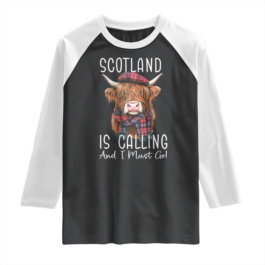 Funny Scotland Is Calling And I Must Go Raglan Shirt Highland Cow