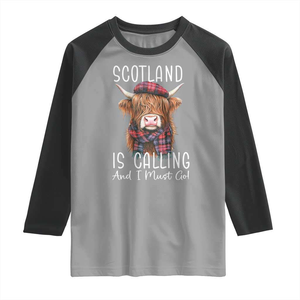 Funny Scotland Is Calling And I Must Go Raglan Shirt Highland Cow
