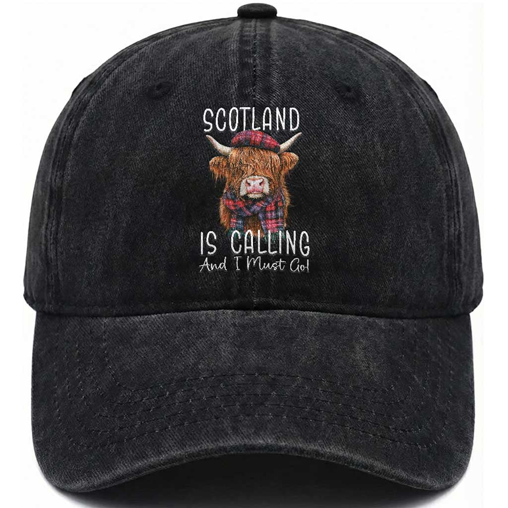 Funny Scotland Is Calling And I Must Go Washed Cotton Baseball Cap Highland Cow