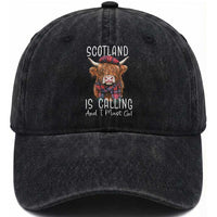 Funny Scotland Is Calling And I Must Go Washed Cotton Baseball Cap Highland Cow