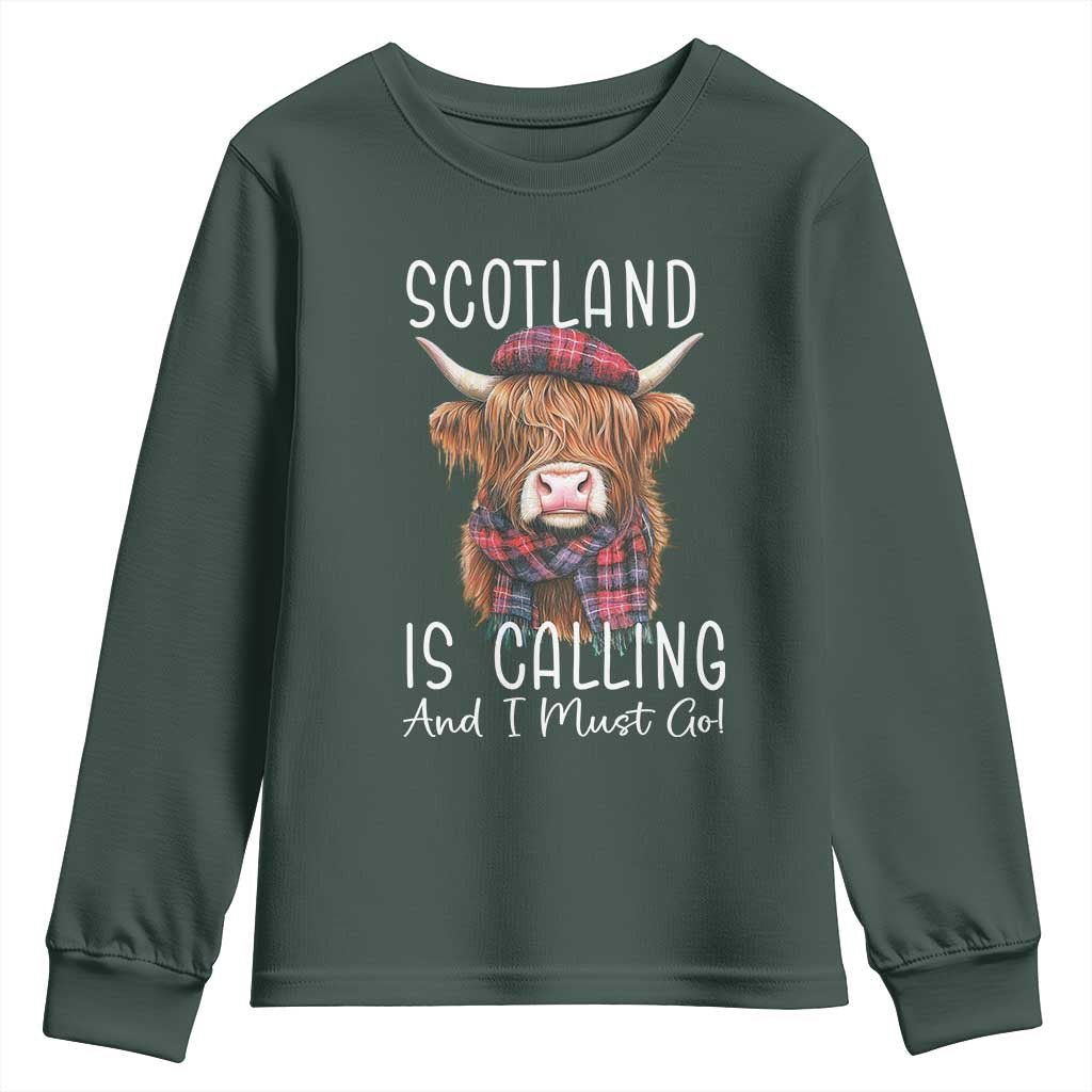 Funny Scotland Is Calling And I Must Go Youth Sweatshirt Highland Cow