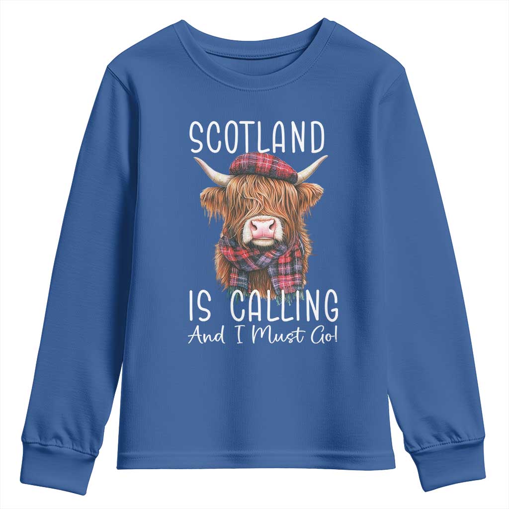 Funny Scotland Is Calling And I Must Go Youth Sweatshirt Highland Cow