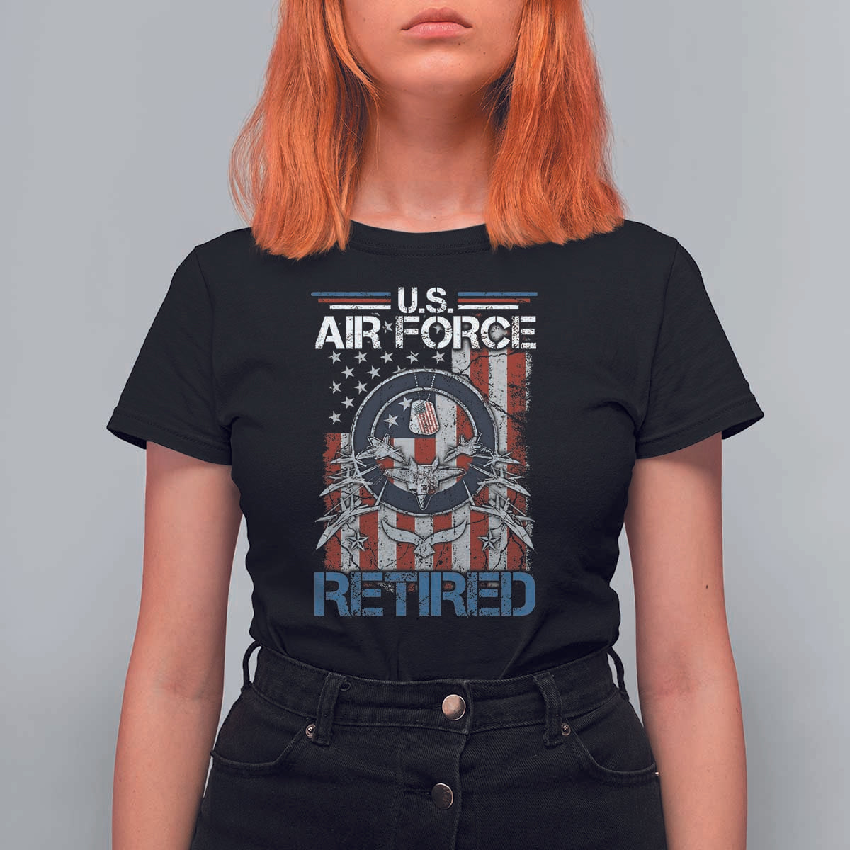 Veteran US Air Force Retired T Shirt For Women Vintage American Flag