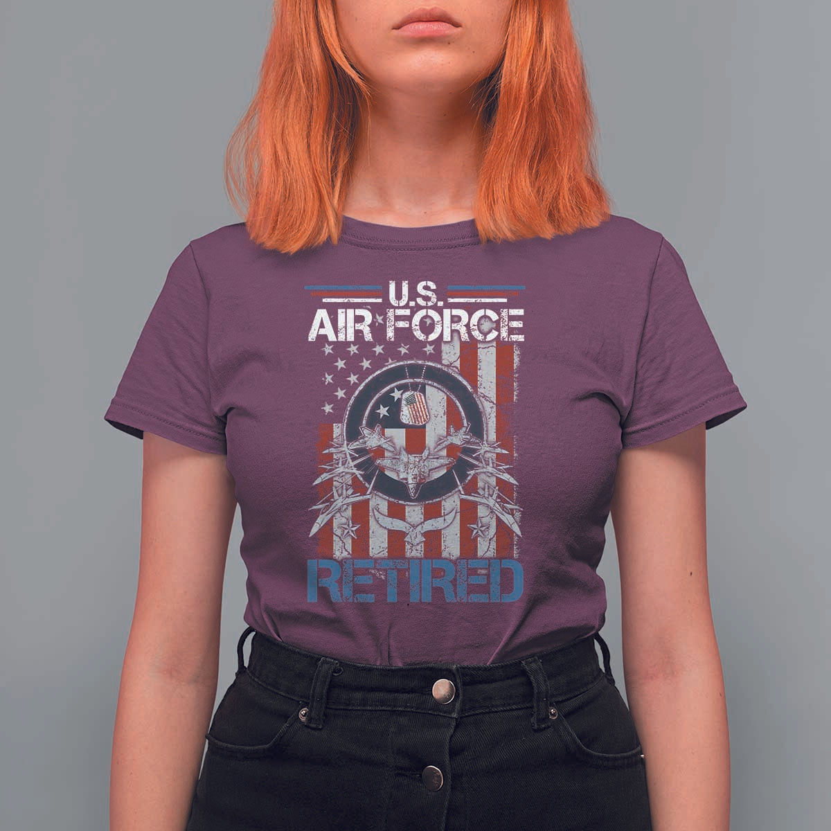Veteran US Air Force Retired T Shirt For Women Vintage American Flag