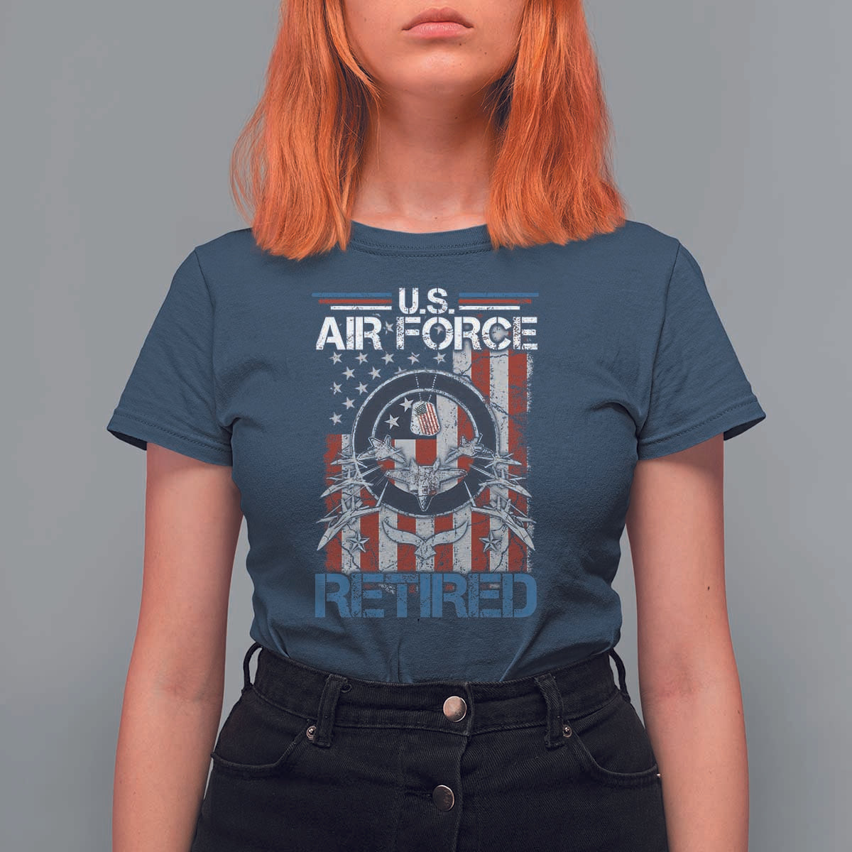 Veteran US Air Force Retired T Shirt For Women Vintage American Flag