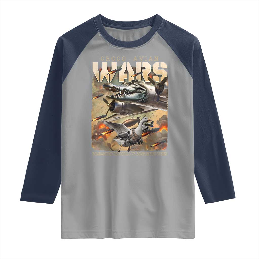 Funny Italian Brainrot Croco Avian Wars Raglan Shirt Bombardino Crocodilo Bombombini Gusini Gen Z Meme