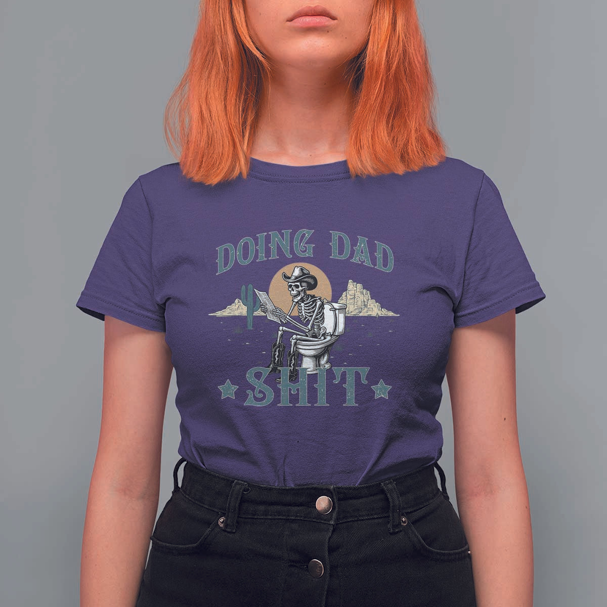 Funny Western Father Doing Dad Shit T Shirt For Women Cowboy Skeleton Toilet Dad Jokes Father's Day