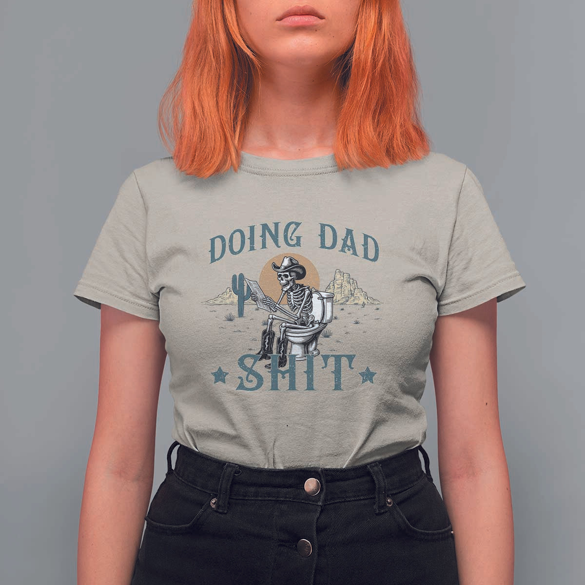 Funny Western Father Doing Dad Shit T Shirt For Women Cowboy Skeleton Toilet Dad Jokes Father's Day