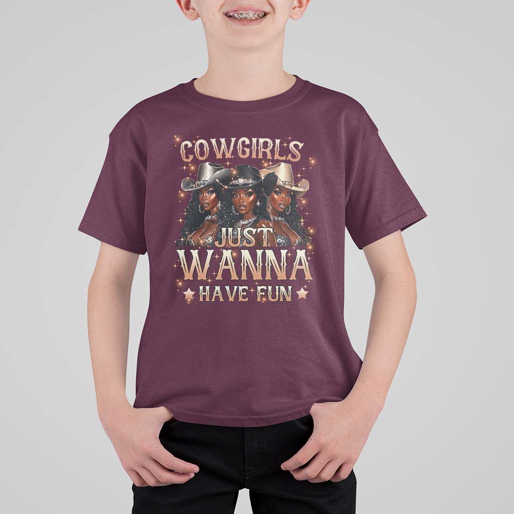 Funny Black African American Cowgirl T Shirt For Kid Cowgirls Just Wanna Have Fun