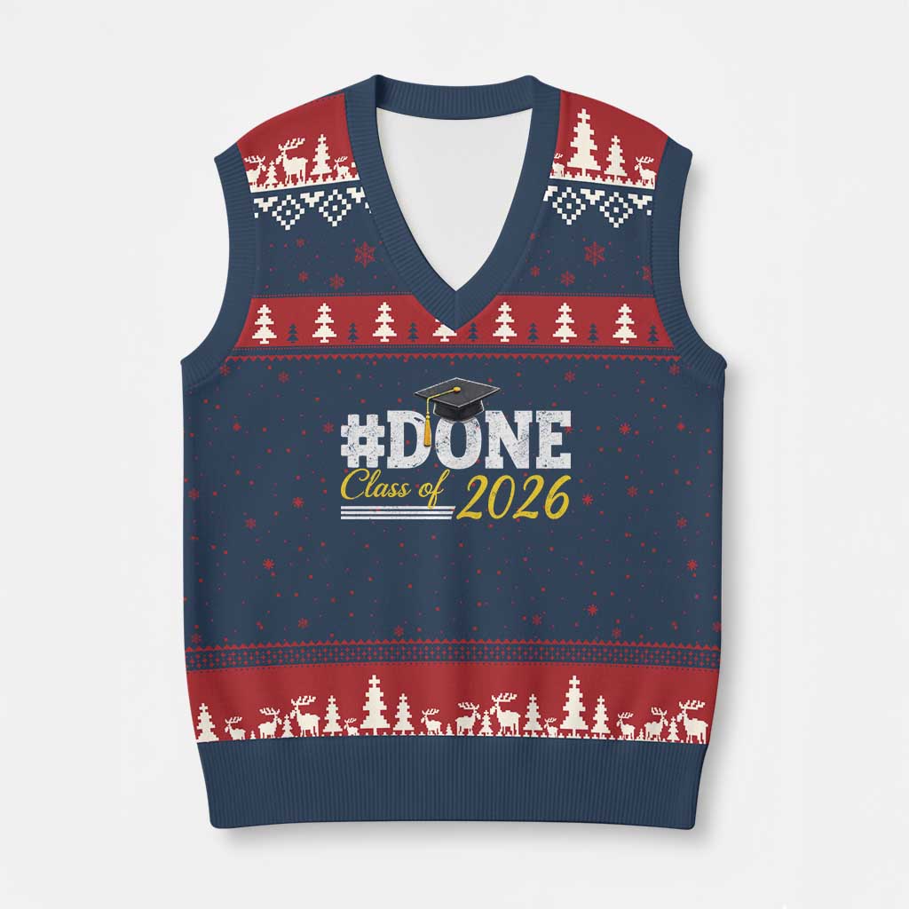 Done Class of 2026 Graduation V-Neck Knit Sweater Vest Mortarboard Graphic