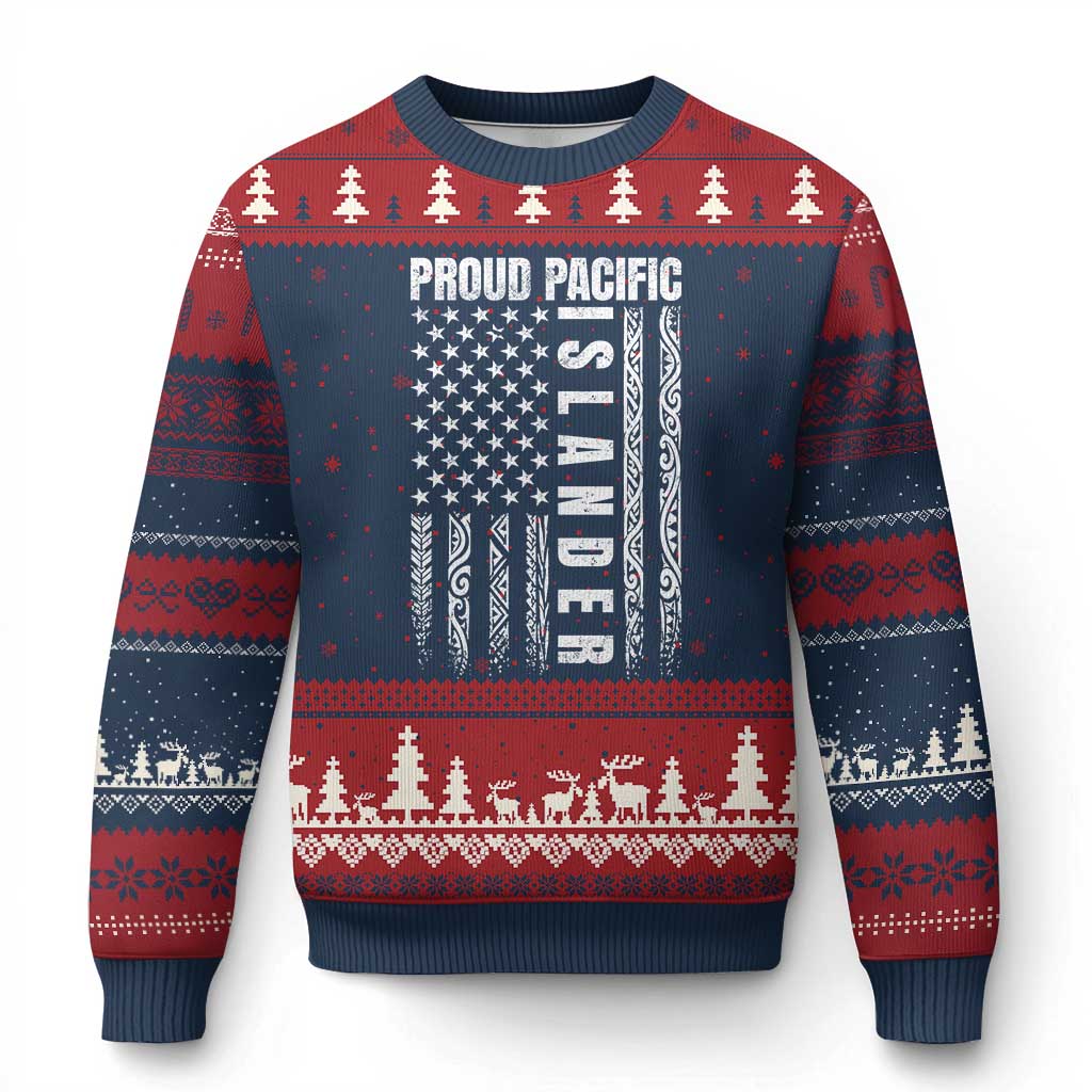 Proud Pacific Islander Ugly Christmas Sweater AAPI Heritage Month Polynesian Tribal American Flag
