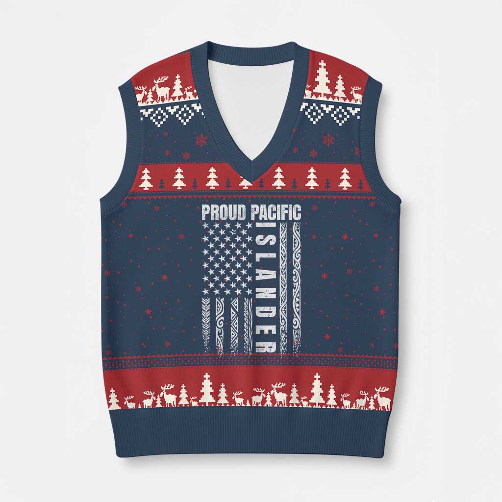 Proud Pacific Islander V-Neck Knit Sweater Vest AAPI Heritage Month Polynesian Tribal American Flag