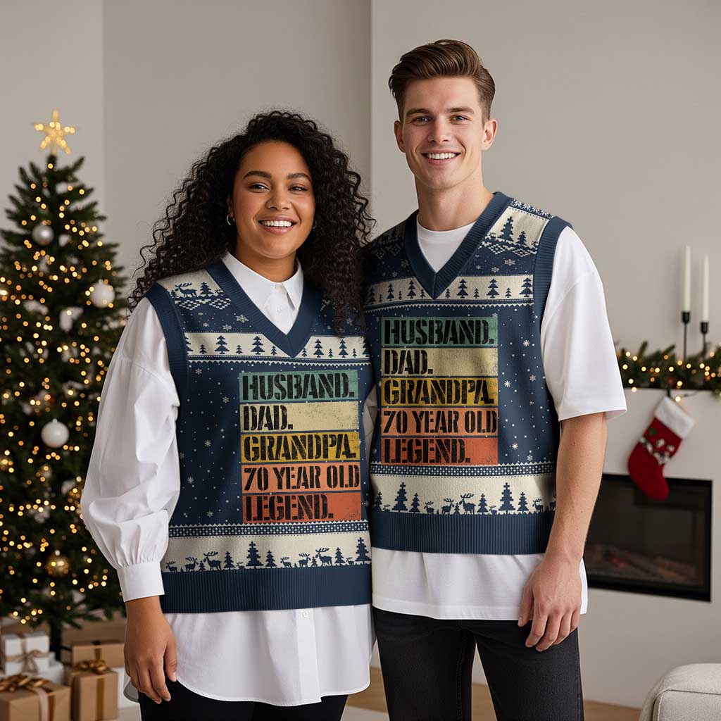Husband Dad Grandpa 70 Year Old Legend V-Neck Knit Sweater Vest Funny 70th Birthday Fathers Day