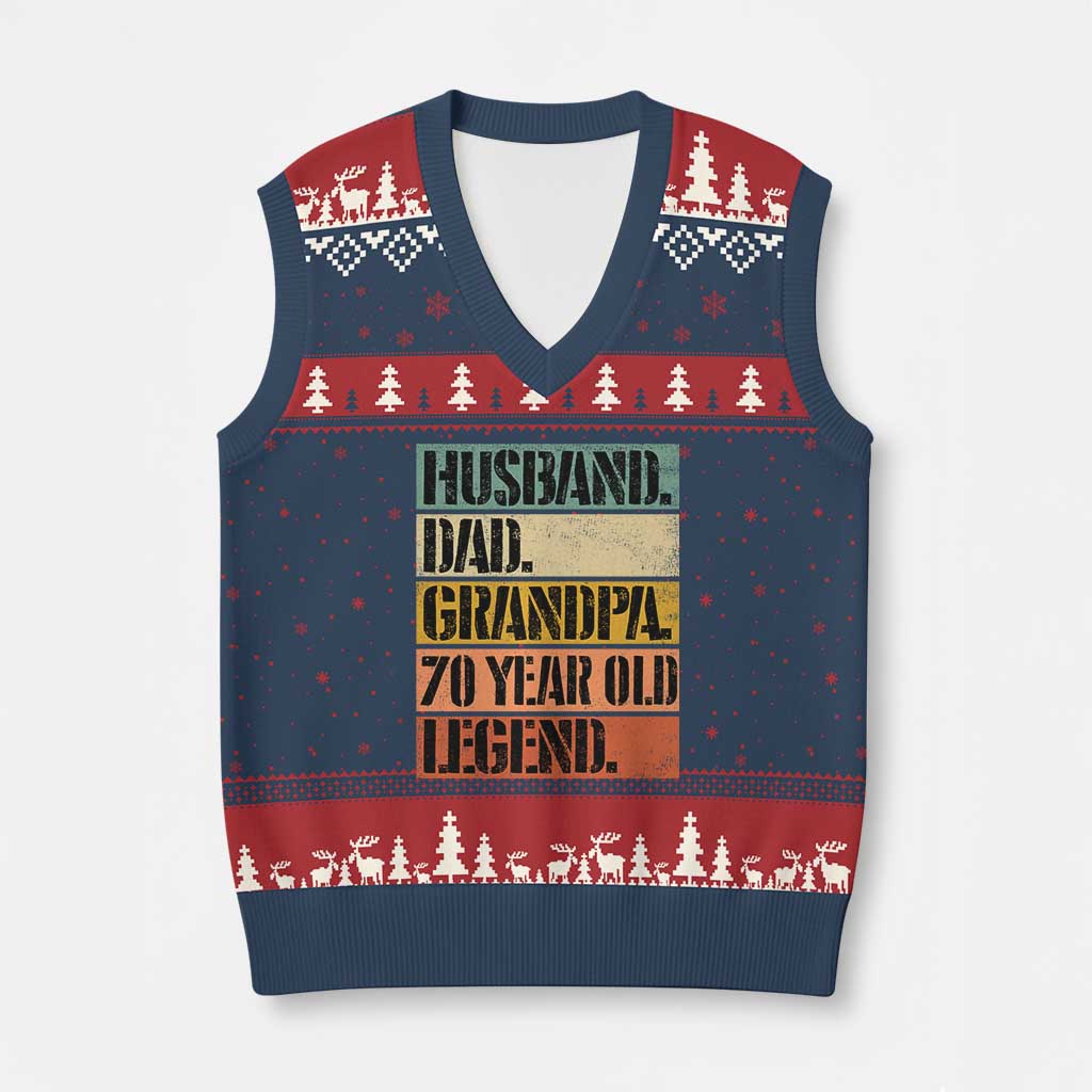 Husband Dad Grandpa 70 Year Old Legend V-Neck Knit Sweater Vest Funny 70th Birthday Fathers Day