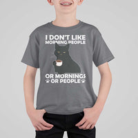 Sarcastic Cat T Shirt For Kid I Don't Like Morning People Mean Face With Coffee Cup - Wonder Print Shop